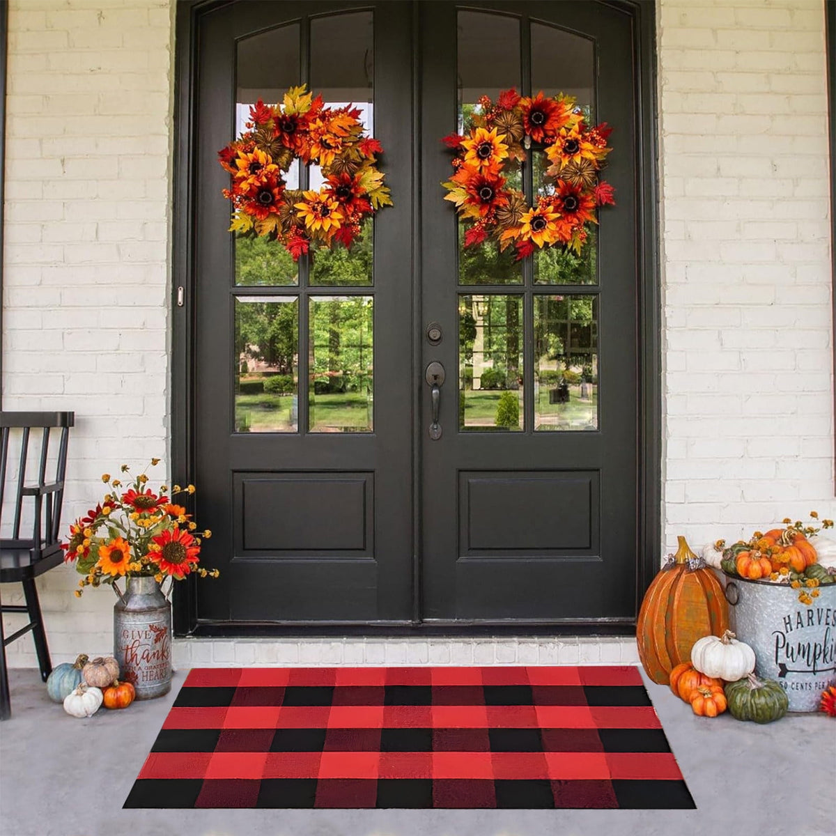 Fall Buffalo Plaid Rug Outdoor Doormat,Hand-Woven Checkered Doormat Layered Entryway Decor, Non-Slip Front Porch Mat Farmhouse Patio Rug, Halloween Thanksgiving Seasonal Outdoor Rug