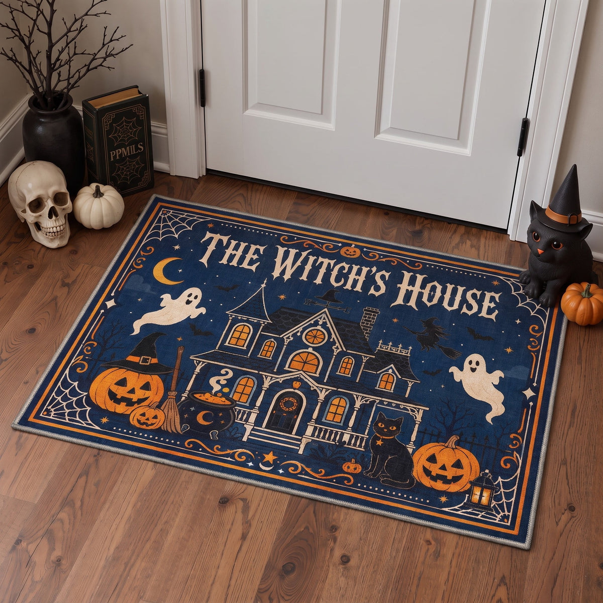 GENIMO 2'x7' Halloween Runner Rug, Washable Non Slip Soft Whimsical Skeleton Indoor Outdoor Hallway Runner for Porch Patio Kitchen Entryway, Charcoal Black