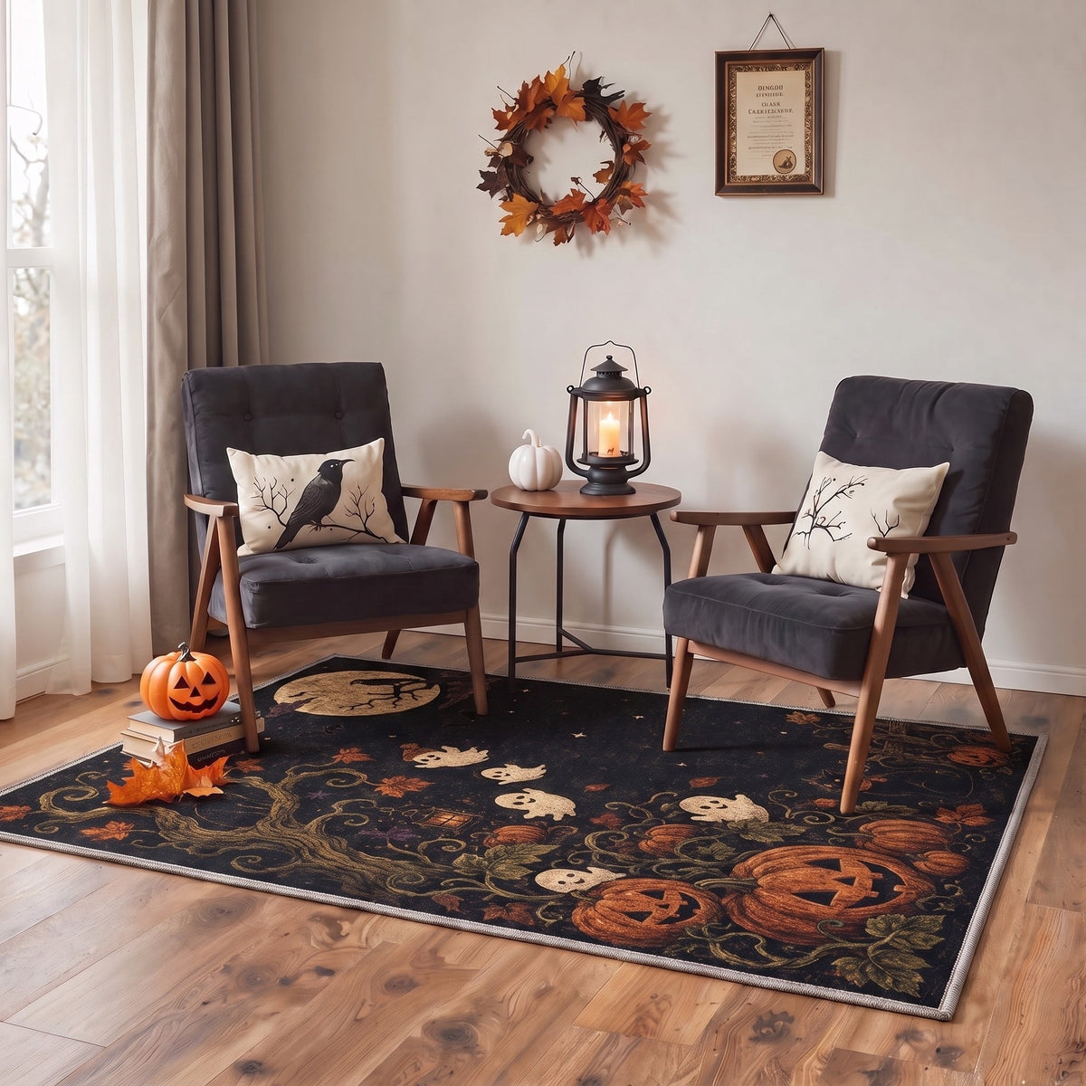 GENIMO 5'x7' Halloween Area Rug for Living Room, Washable Non Slip Soft Farmhouse Pumpkin Indoor Rug for Bedroom Dining Room Home Office, Vintage Sepia