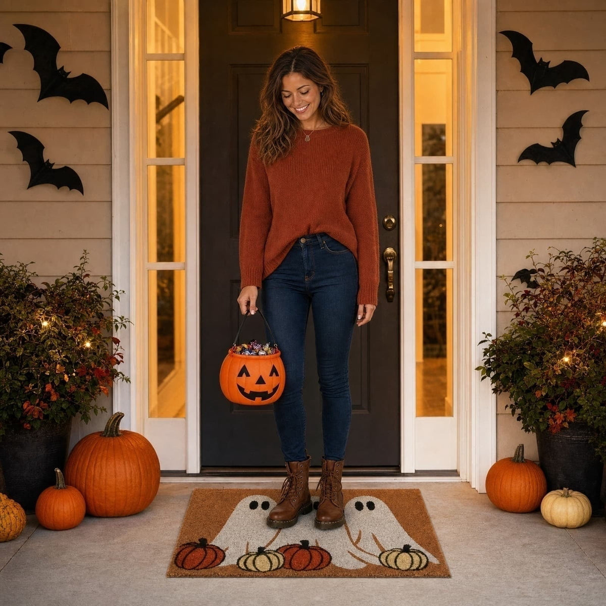 Halloween Door Mat Outdoor Cute Ghost Doormat for Front Door Non-Slip Entrance Door Rugs Halloween Rug for Bathroom Porch Entryway Decor, 16 x 24 Inch