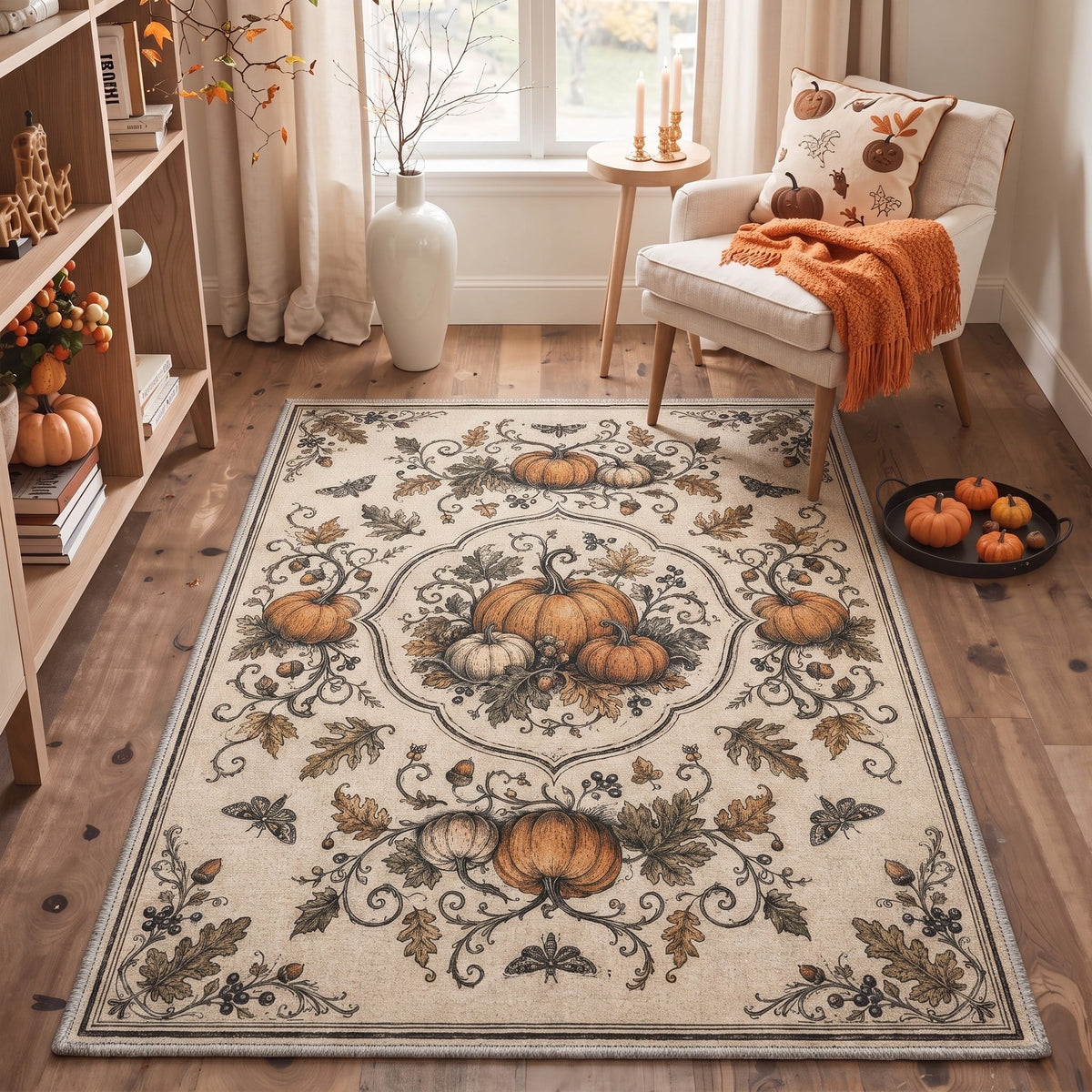 GENIMO 5'x7' Halloween Area Rug for Living Room, Washable Non Slip Soft Farmhouse Pumpkin Indoor Rug for Bedroom Dining Room Home Office, Vintage Sepia