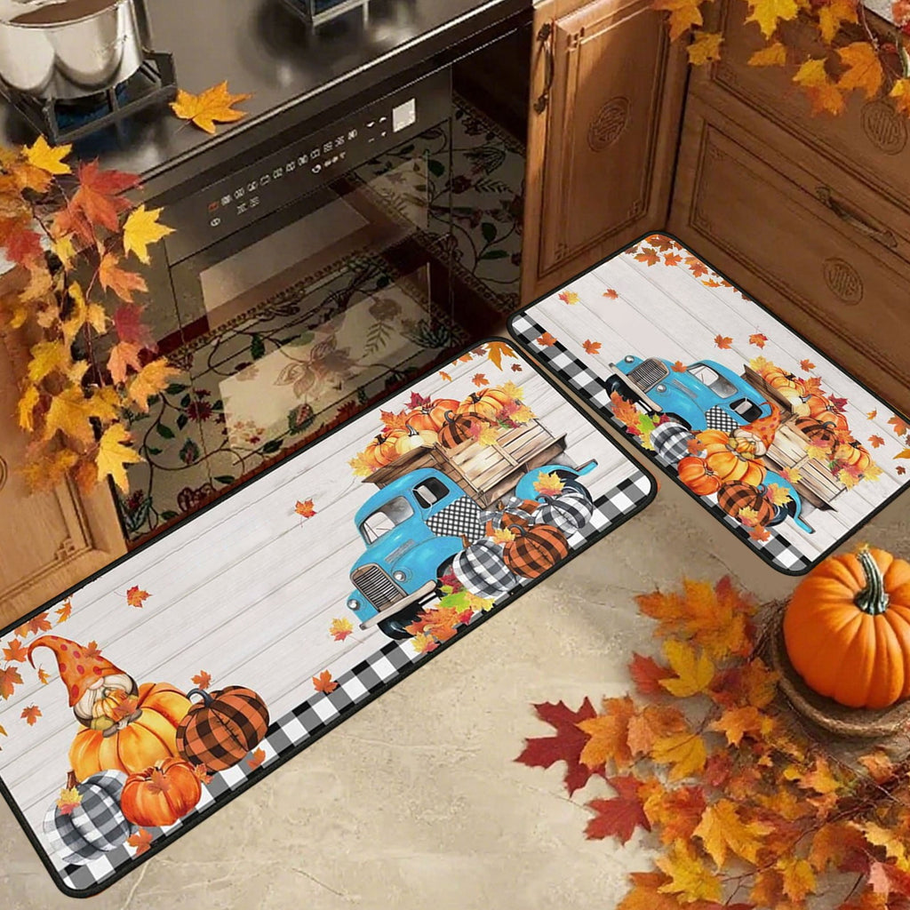 RBCKVXZ 2 Pieces Fall Kitchen Rugs Halloween Thanksgiving Pumpkin Sunflower Orange Maple Leaf Mat Floor Rug for Holiday Autumn Home Decor, 17 x 29 Inches, 17 x 47 Inches