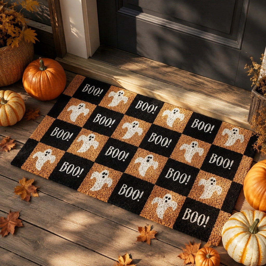 2026 Halloween Outdoor Decorations Halloween Ghost Doormat 50x80 Cm Black And Orange Checkered For Front Doors Porches And Holiday Decorations