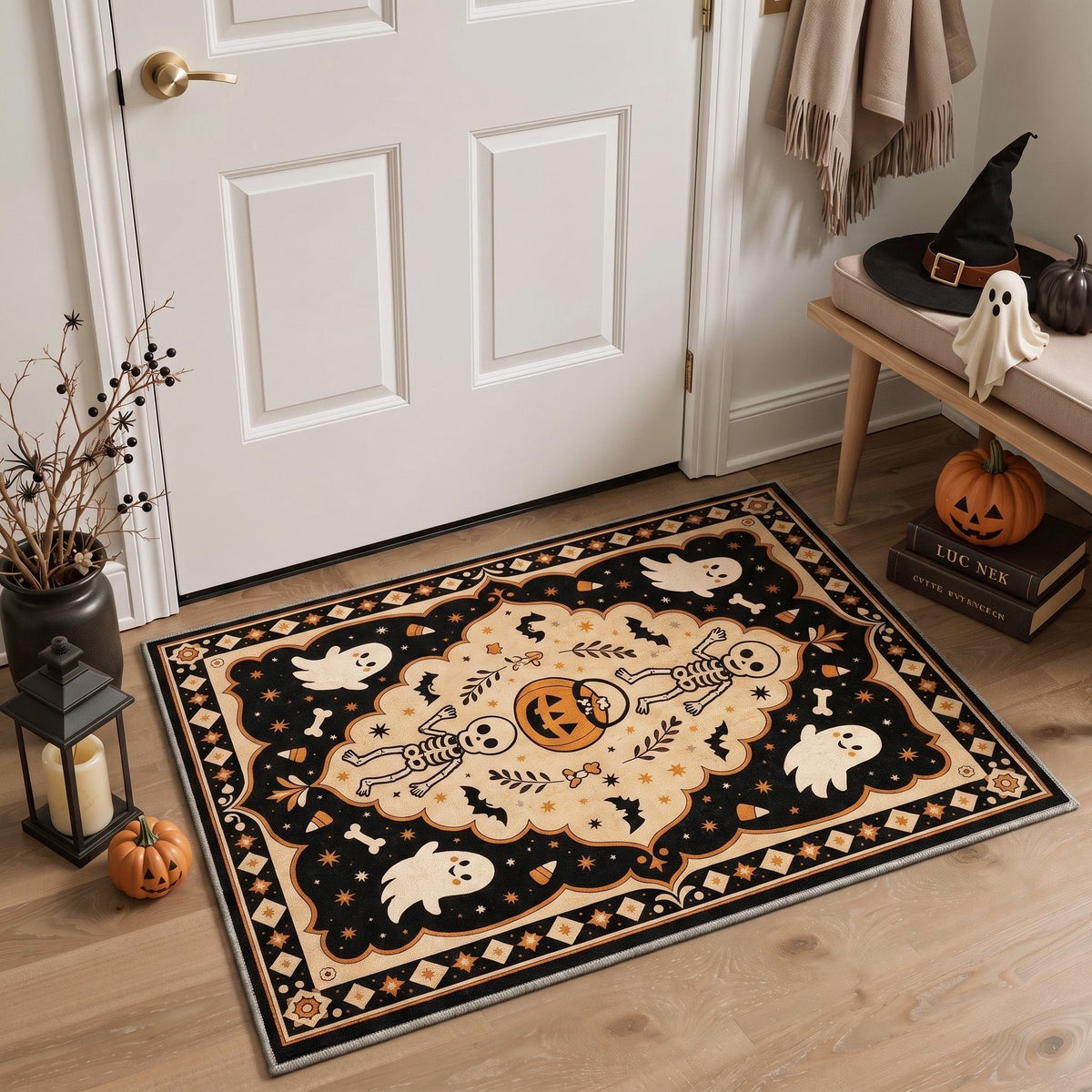 GENIMO 2'x3' Halloween Doormat, Washable Non Slip Soft Gothic Castle Outdoor Door Mat for Front Door Covered Porch Patio Entryway, Antique Gold