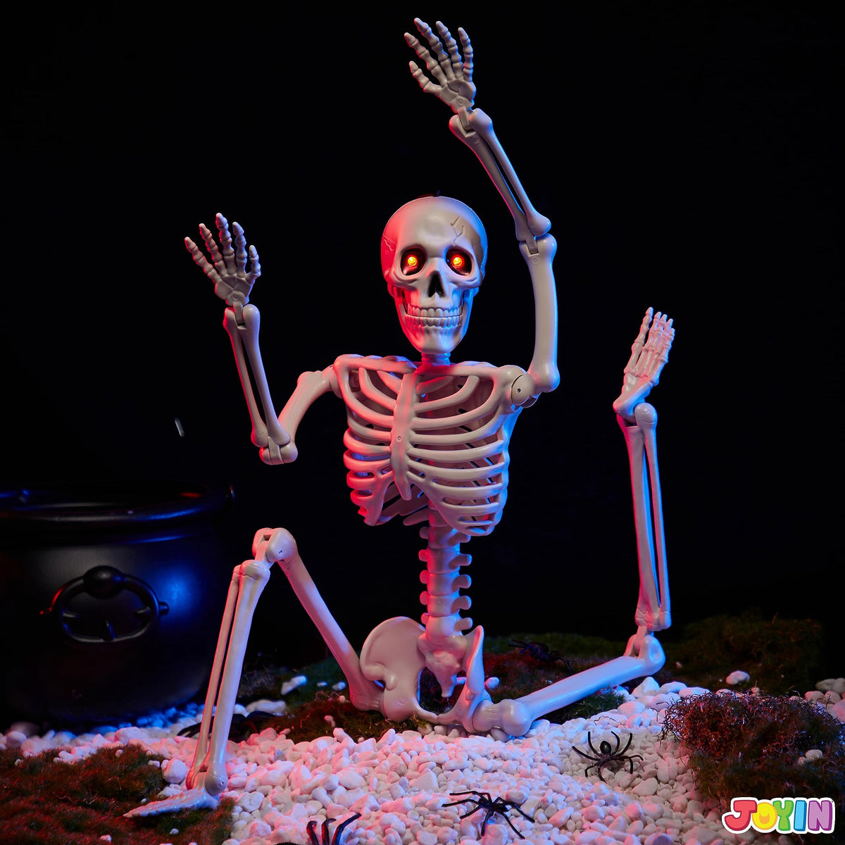 Joyfy 24 Inch Halloween Skeleton Decor with LED Light Eyes,Posable Skeleton Halloween Prop Full Body with Movable Joints for Haunted House Indoor Outdoor Decoration Spooky Decor