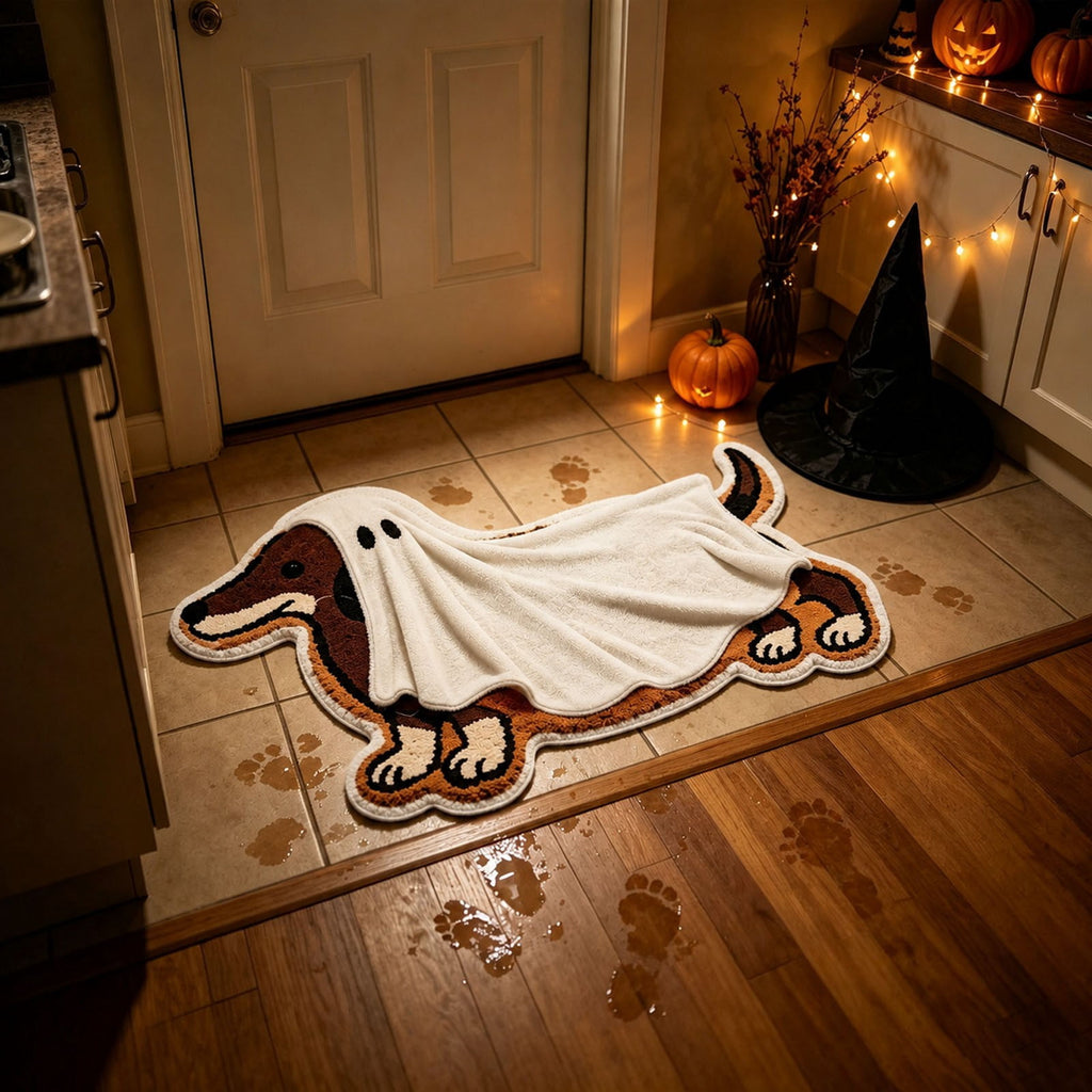 Dachshund Ghost Shaped Doormat, Wiener Dog Ghost Rug for Halloween Front Porch Entry Decor