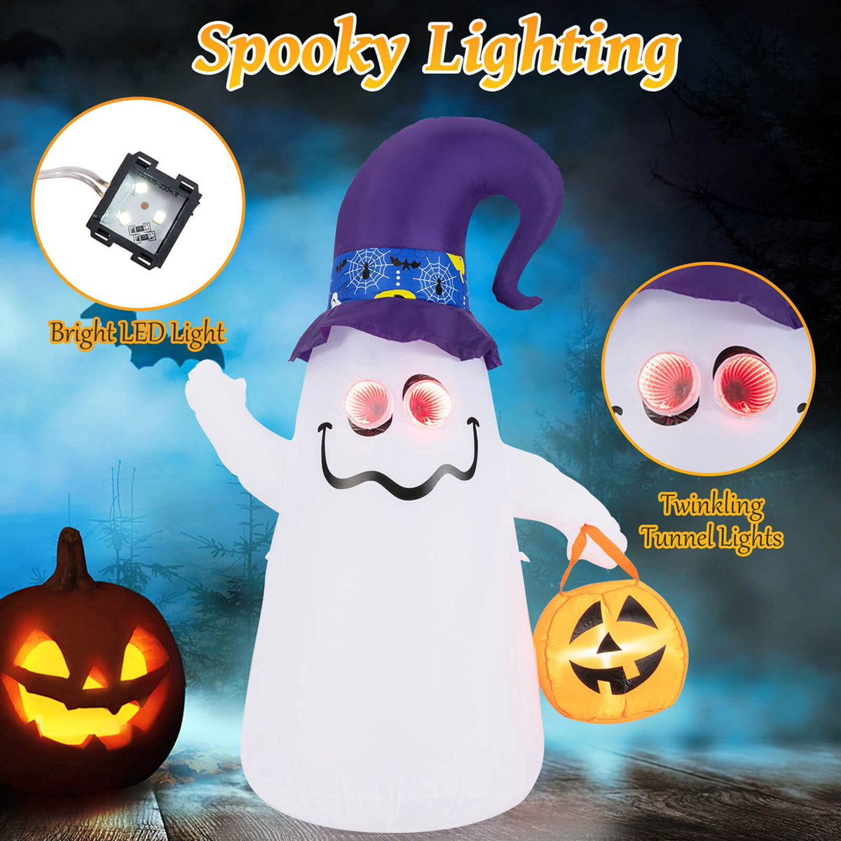 Costway 6 Ft Halloween Inflatables Cute Ghost with Jack-O-Lantern & Witch Hat