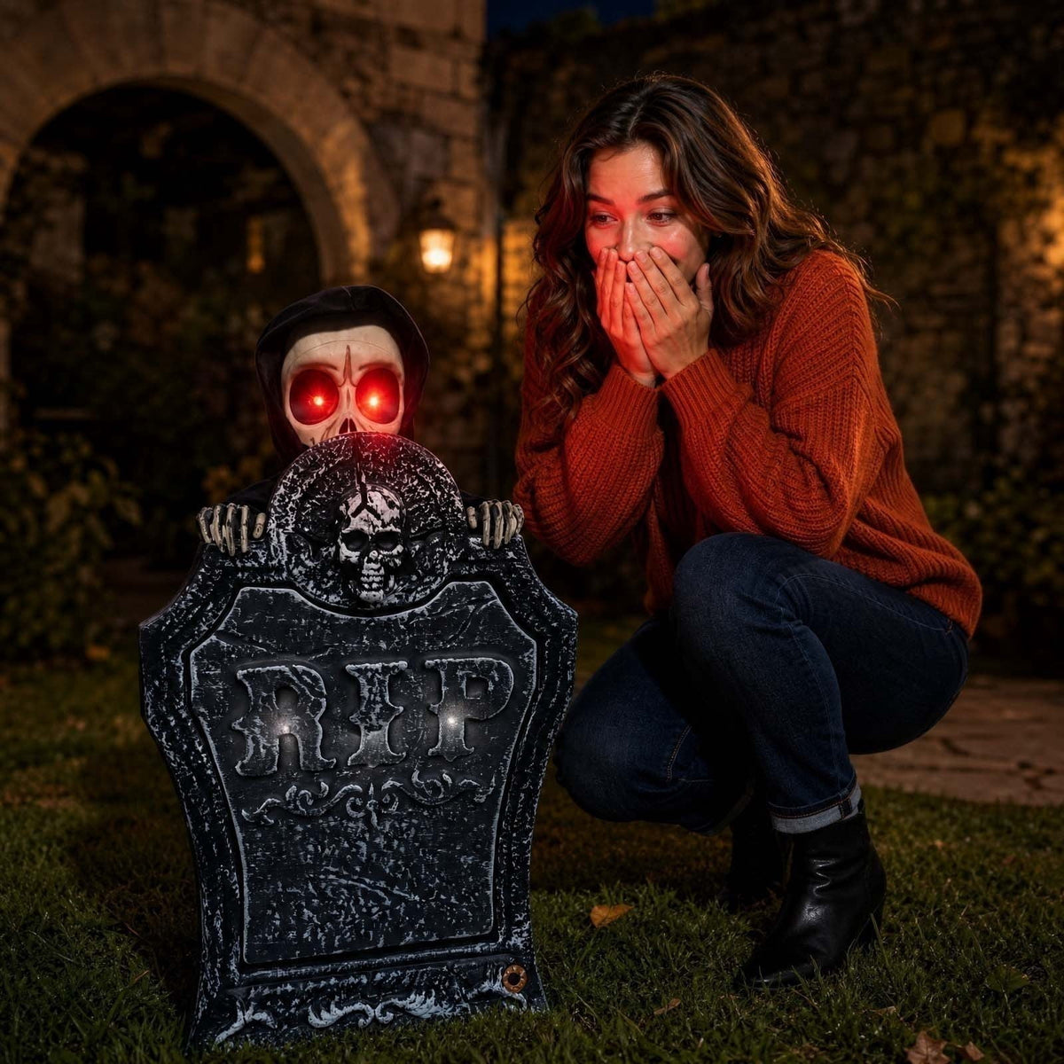 Roiihwy Halloween Animated Tombstone With Voice Activated Rising Skeleton And Pumpkin, A