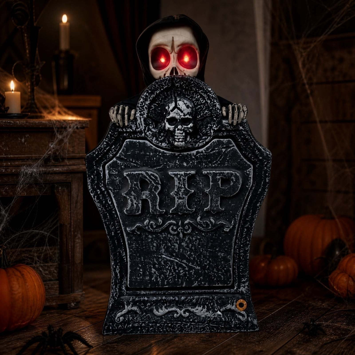 EWASWON Halloween Animated Tombstone, Motion Activated Gravestone with Rising Skeleton, Glowing LED Eyes & Scary Sounds, Outdoor Yard Decoration