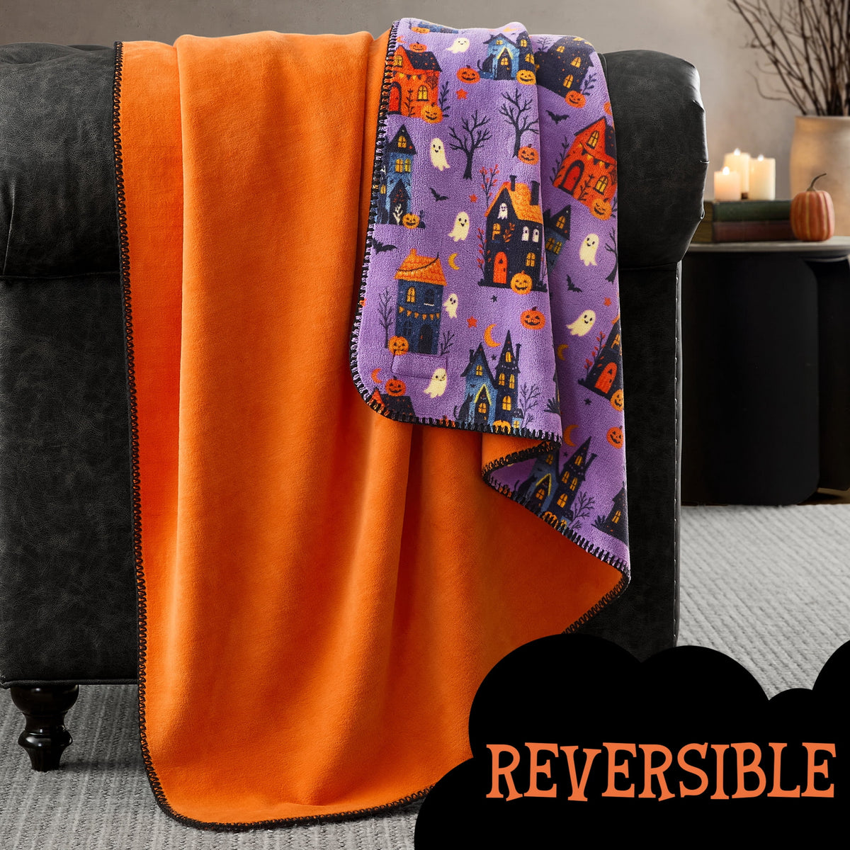 Boo-tique Halloween Plush Soft Oversized Couch Throw Blanket, Cats and Pumpkins, Orange, 50 x 72 in