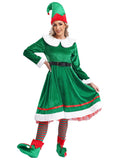 vastwit Womens Christmas Elf Dress Velvet Dress with Elf Hat Belt Striped Stockings Shoes Green L